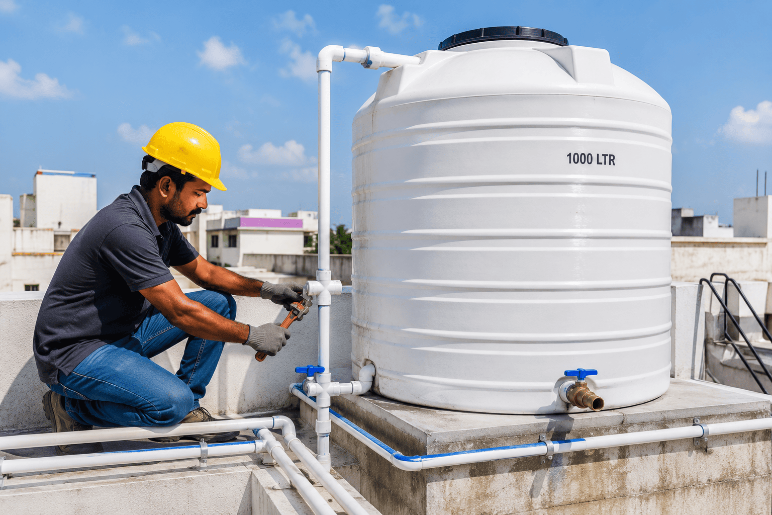 Overhead water tank installation and pipe connections by AK Plumbing Trichy